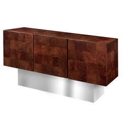 3 Door Credenza in Burl with Chrome Base by Milo Baughman