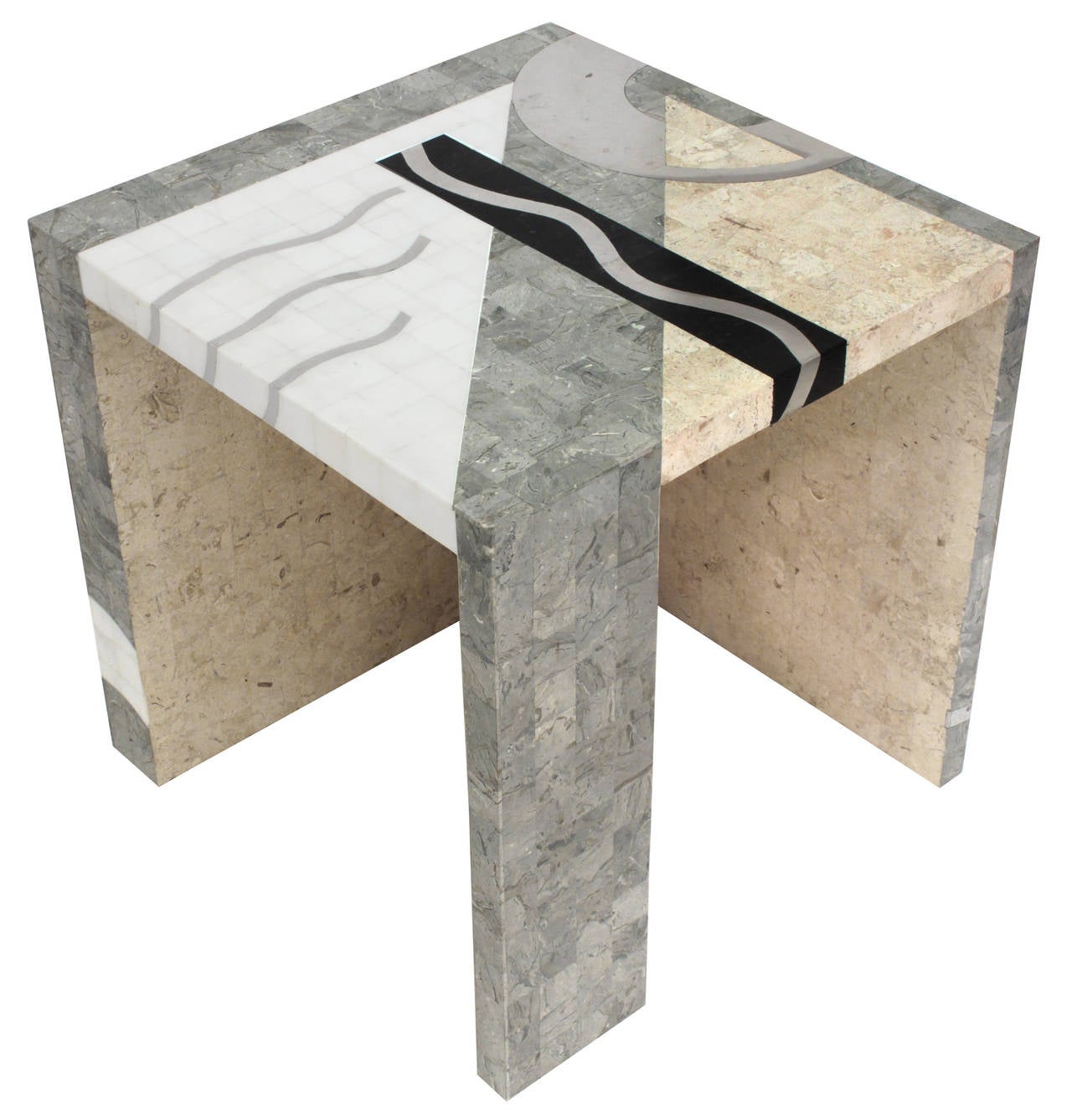 American Side Table in Tessellated Stone and Chrome with Abstract Inlaid Design