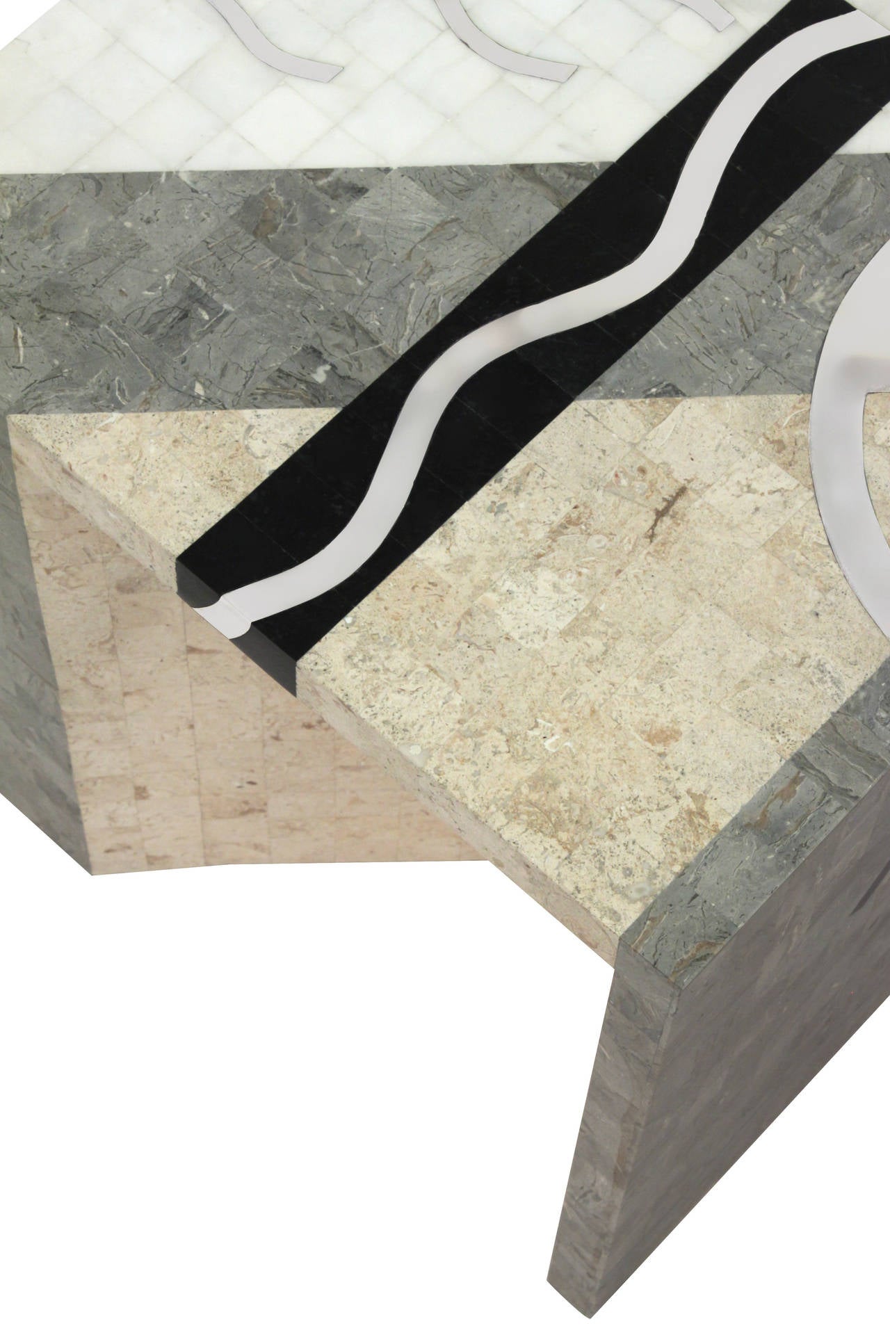 Late 20th Century Side Table in Tessellated Stone and Chrome with Abstract Inlaid Design