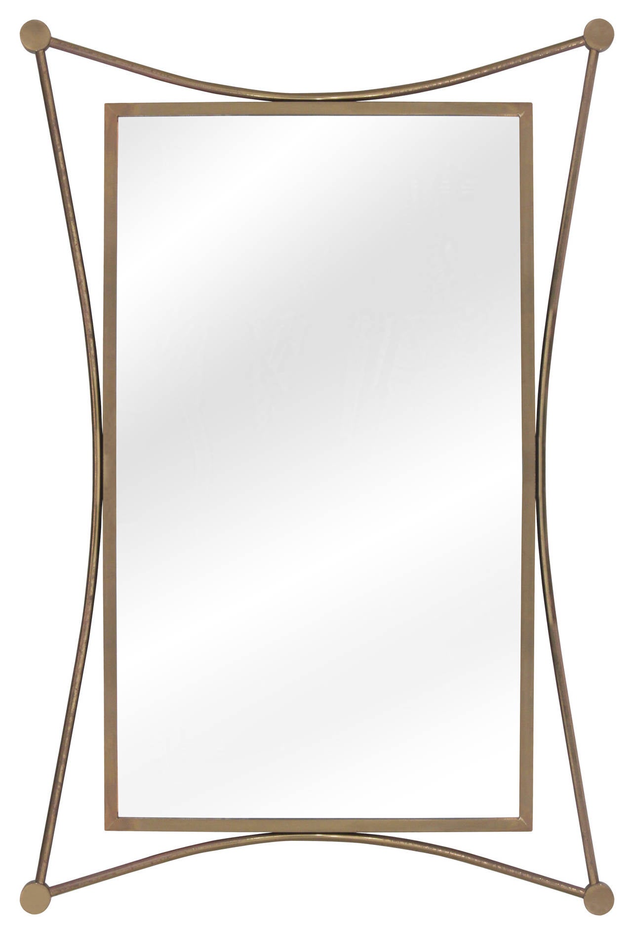 Atomic style rectangular mirror with frame in brass with concave sides, American 1950's

Configured for hanging horizontally or vertically