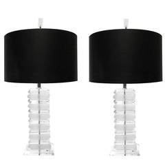 Pair of Stacked Lucite Block Table Lamps