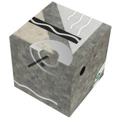 Side Table in Tessellated Stone and Chrome with Abstract Inlaid Design