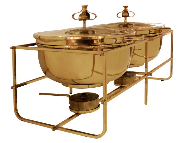 Double Chafing Dish Set in Brass by Tommi Parzinger for Dorlyn Siversmiths, American 1950's (marked on bottom with Dorlyn insignia)