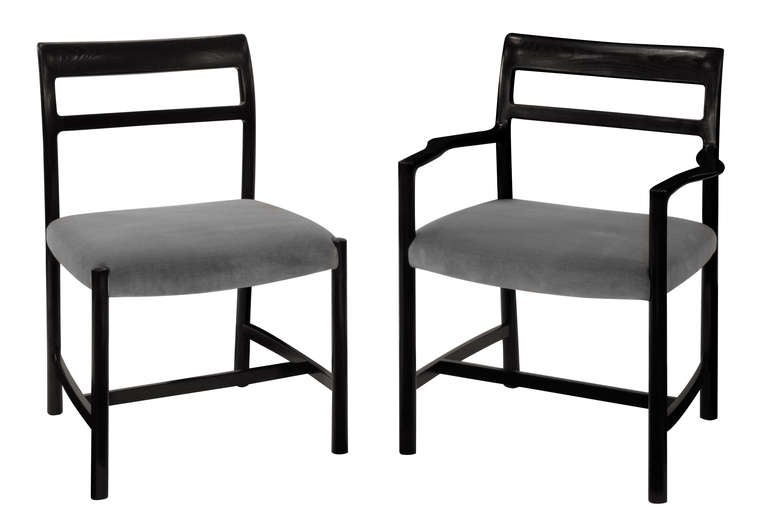 Set of 8 dining chairs (6 sides model No. 6738 and 2 arms model No. 6739) in ash with upholstered seats by Roger Sprunger for Dunbar, American 1967 (metal tags on bottom) (refinished and reupholstered in gray velvet by Lobel