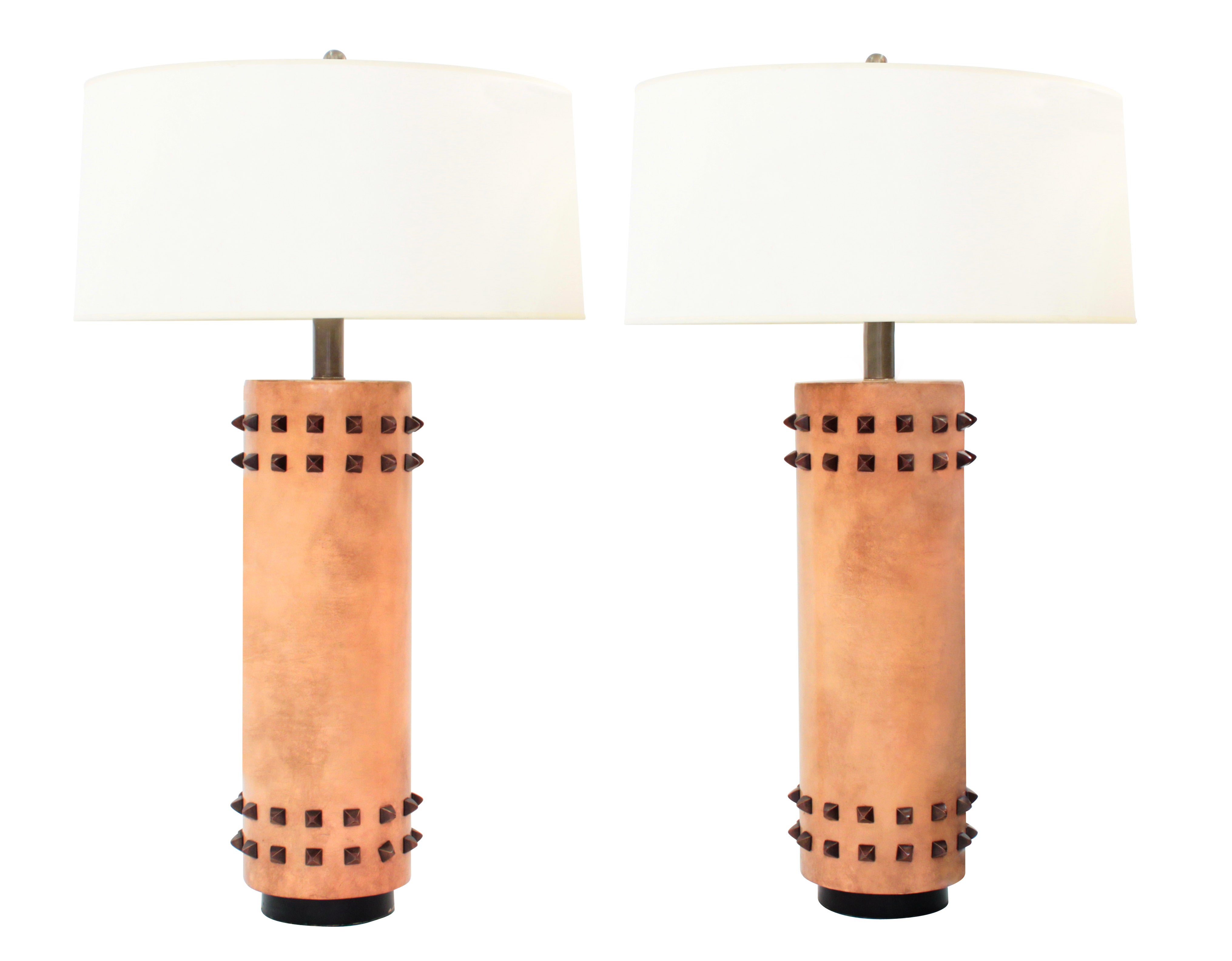 Pair of Chic Table Lamps Wrapped in Leather with Spike Studs