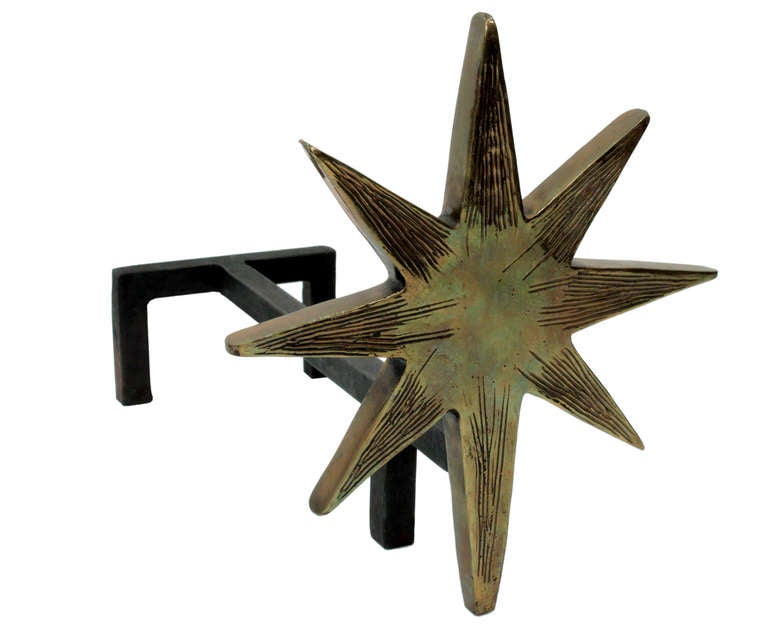 Pair of #2847 Giacometti Inspired Star Andirons in polished bronze by Carole Gratale, American 1990's