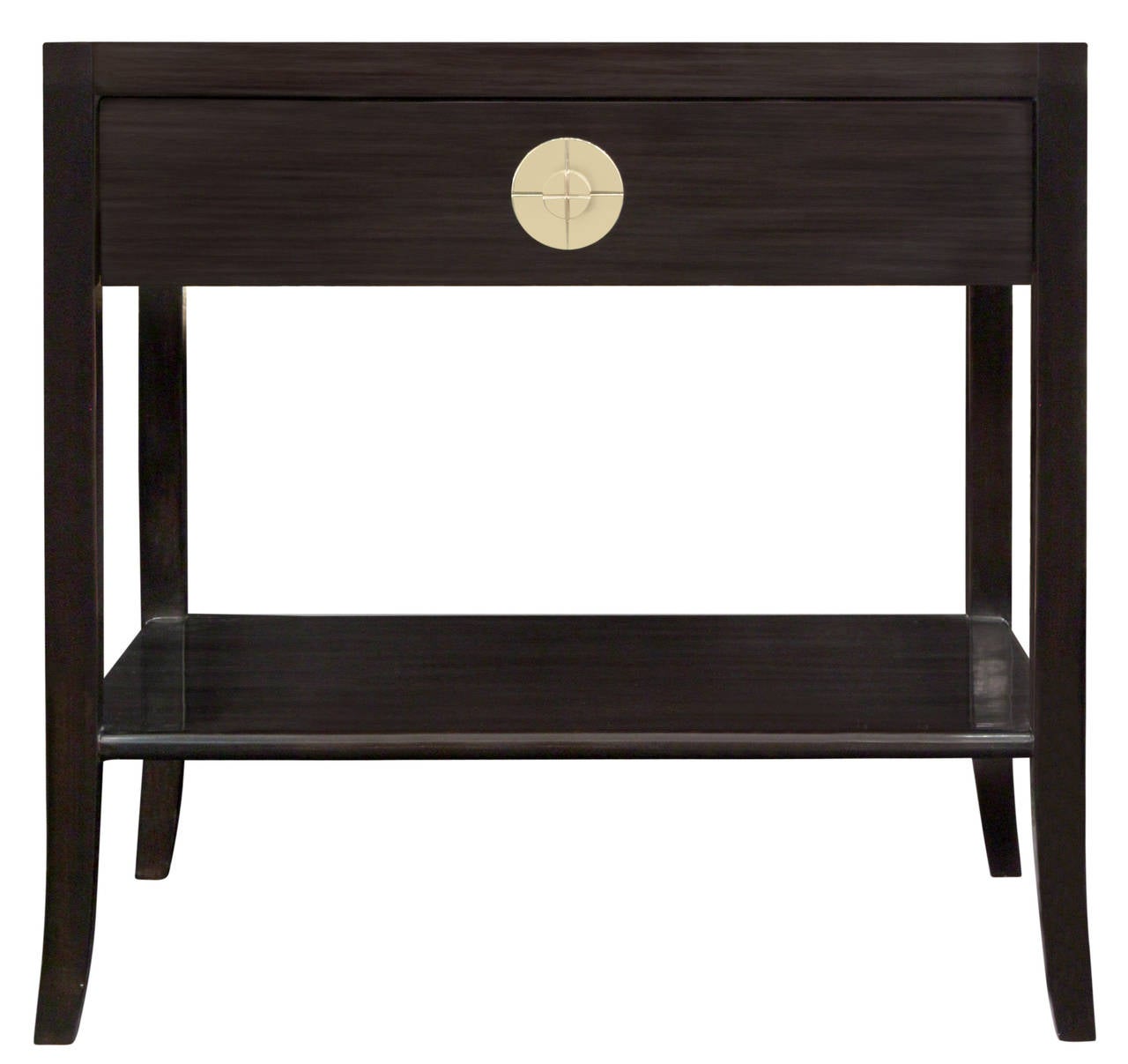Elegant pair of bedside tables with single drawer and shelf, in dark mahogany with round incised brass pulls, by Tommi Parzinger for Parzinger Originals, American, 1950s.