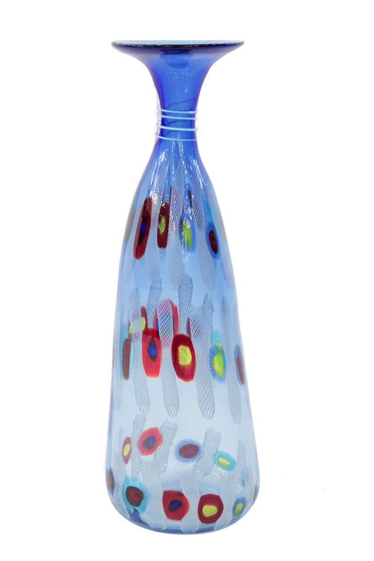 Handblown glass vases from the “Murrine Incatenate” series, model 12483, with multicolor murrhines and zanfirico designed by Anzolo Fuga for Arte Vetraria Muranese (A.V.E.M.), Murano Italy, circa 1959.
Reference: 
Anzolo Fuga: Murano Glass Artist,