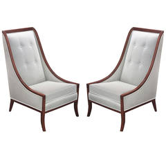 Pair of High Back Lounge Chairs Framed in Mahogany by John Widdicomb