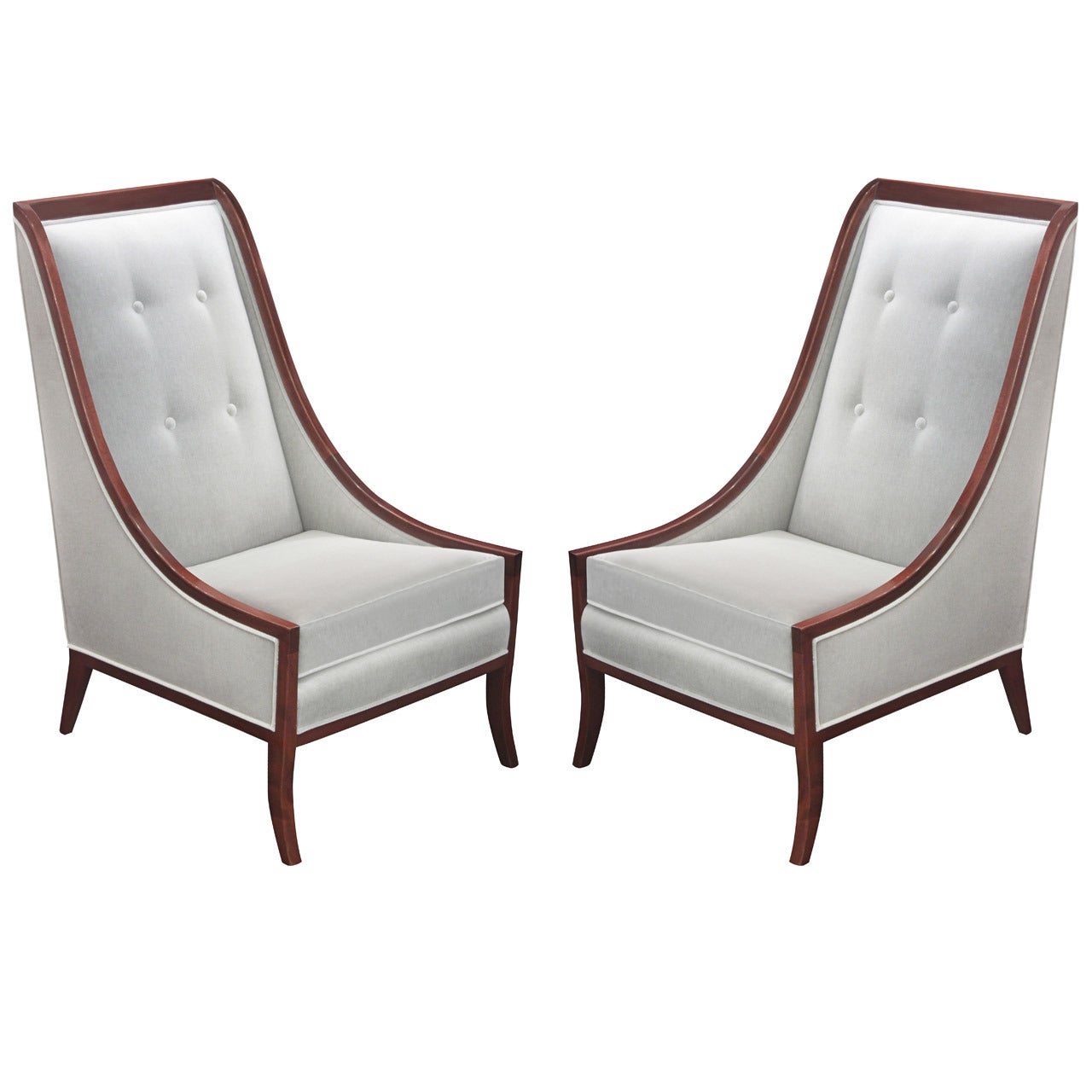 Pair of High Back Lounge Chairs Framed in Mahogany by John Widdicomb
