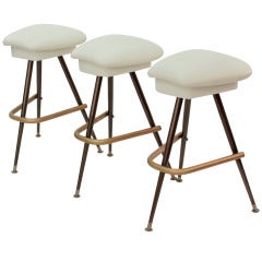 Set of 3 Bar Stools with Bronze Bases and Leather Seats