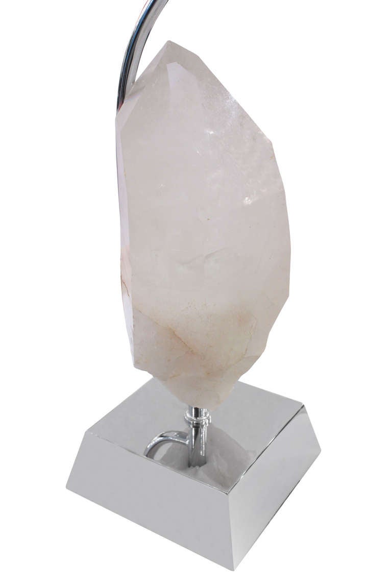 Table lamp in polished nickel with mounted polished chunk of white quartz by Karl Springer, American 1980