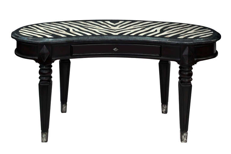 Elegant writing desk, top with hand-set stone marquetry in zebra motif, by Maitland Smith, American 1980's
