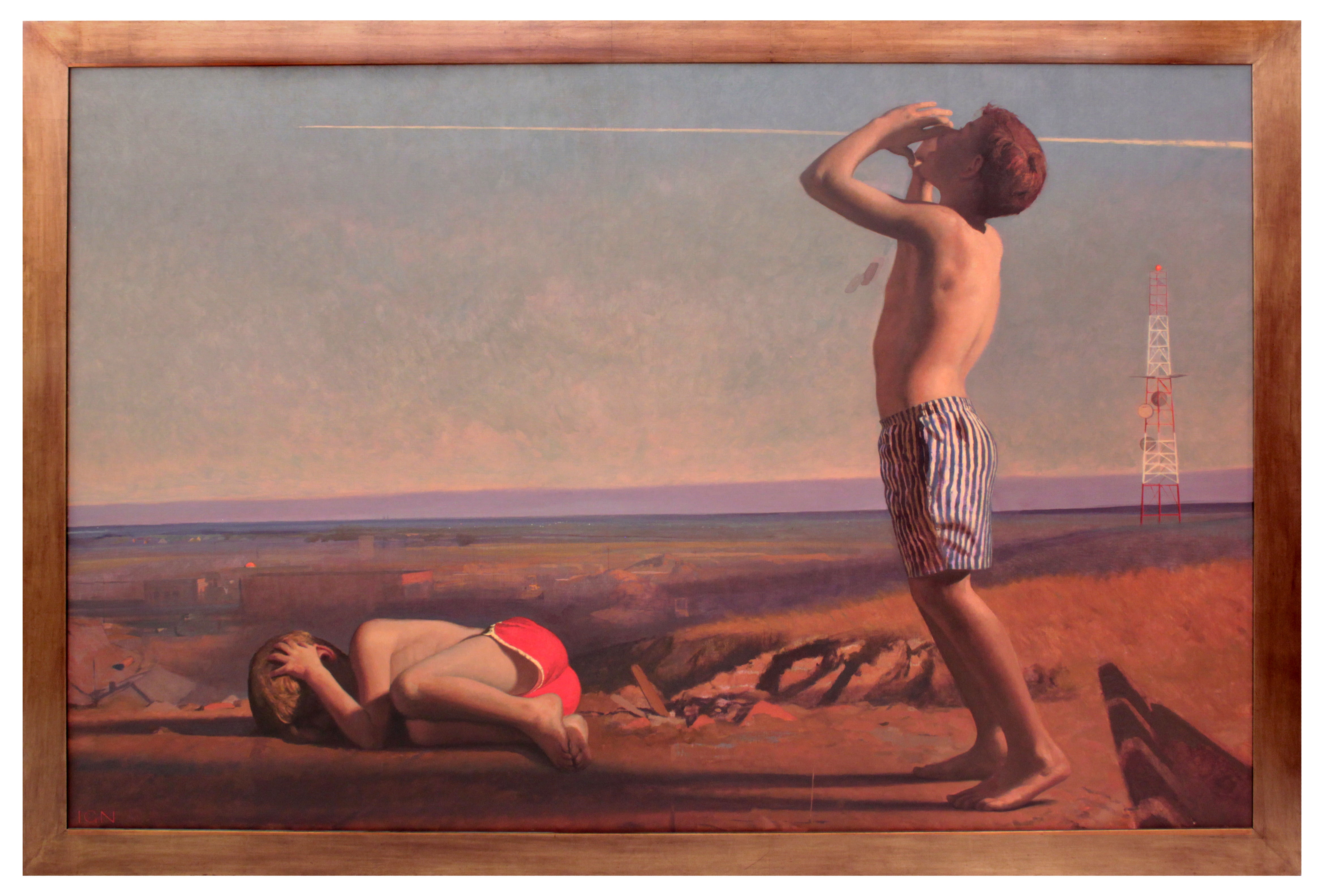 Large Painting of Two Boys on a Hill by Bo Bartlett