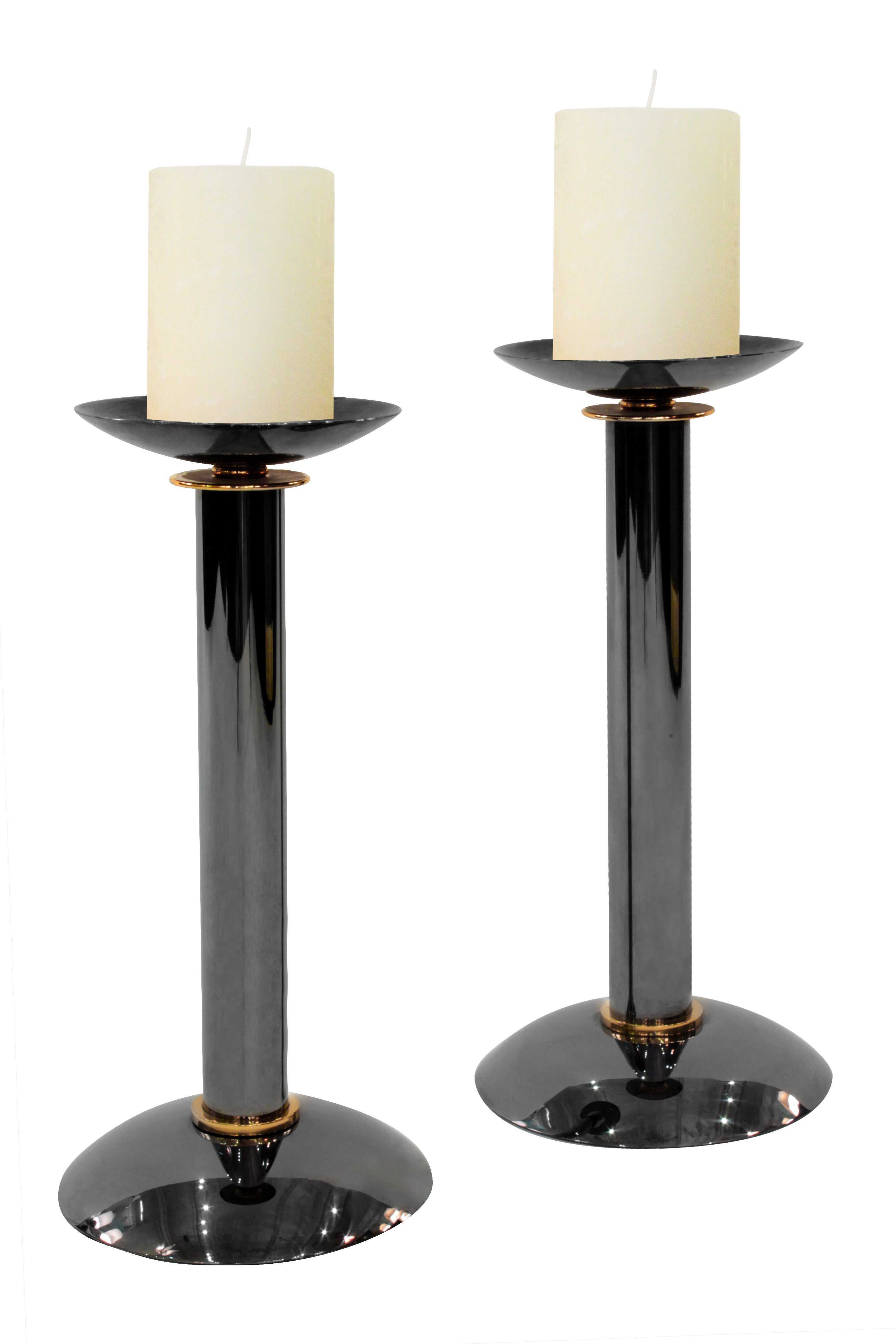 Karl Springer Pair of Candle Holders in Gunmetal and Brass 1970s