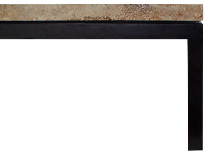 Console table with base wrapped in leather and thick marble top, Italian 1970's