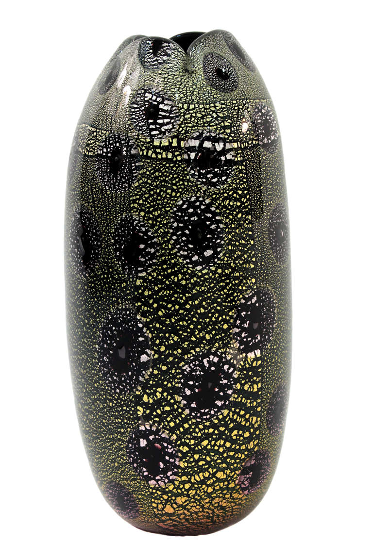 Hand-blown glass vase (very dark amethyst which appears black) with silver foil and murrhines by Giulio Radi for A.V.E.M., Murano Italy, 1940’s