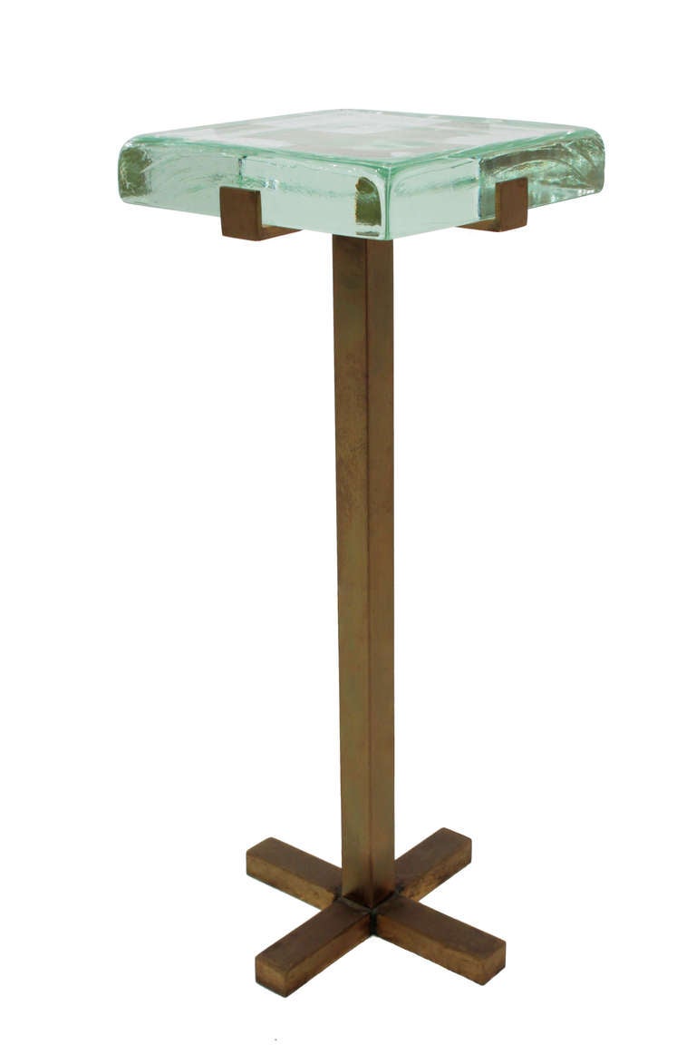 American Pair of Occasional Tables with Bronze Bases and Thick Glass Tops