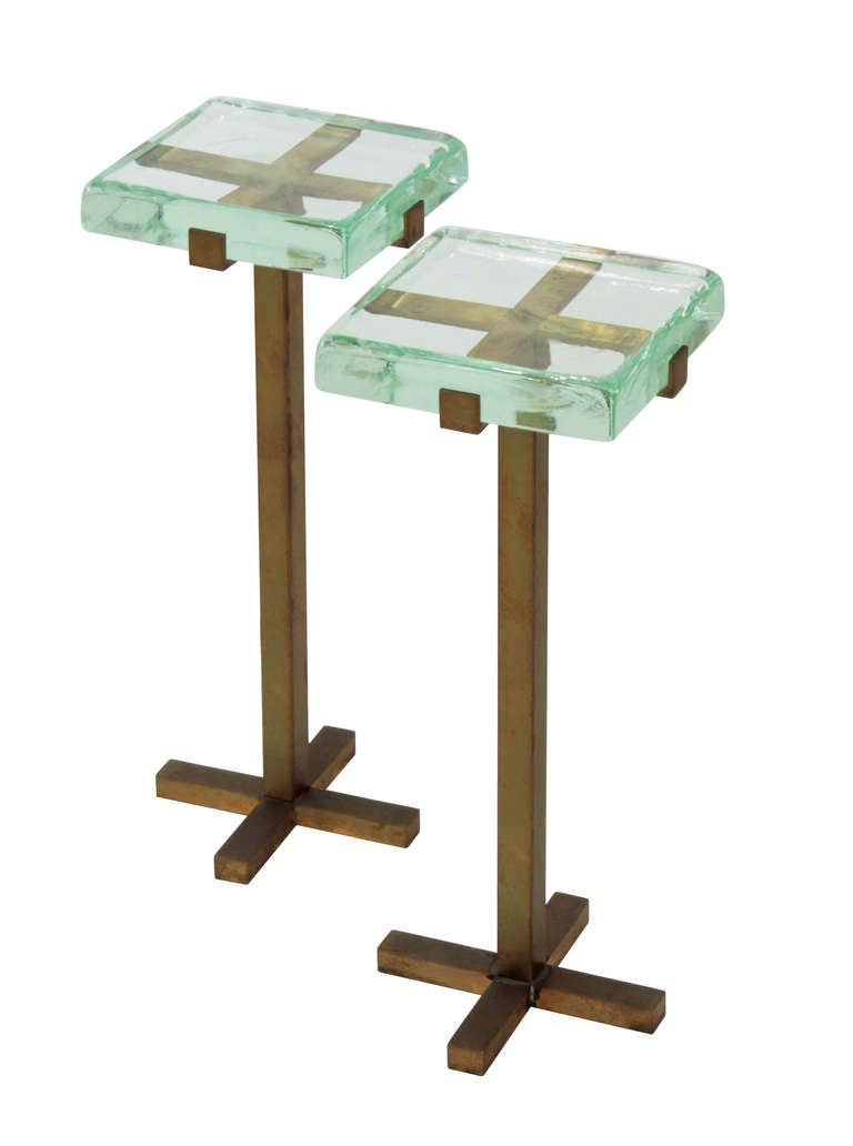 Pair of occasional tables, bases in bronze with glass tops, private commission by Form Architecture, American ca. 2000