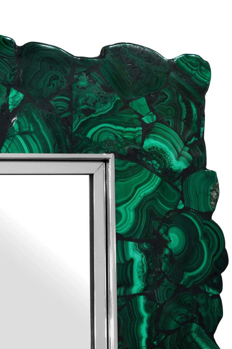 Exceptional mirror with thick polished malachite frame with steel trim, American 1970's
