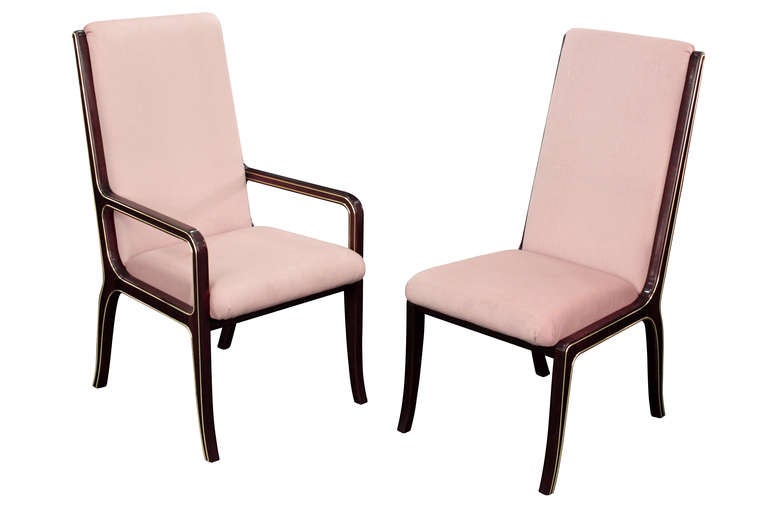 Set of eight elegant high back dining chairs in burl with brass inlays with faux pink python fabric by Mastercraft, American, 1970s (original tag on bottom)

Armchair dimensions:
22 1/2 inches wide 
26 inches deep 
42 inches high 

Side