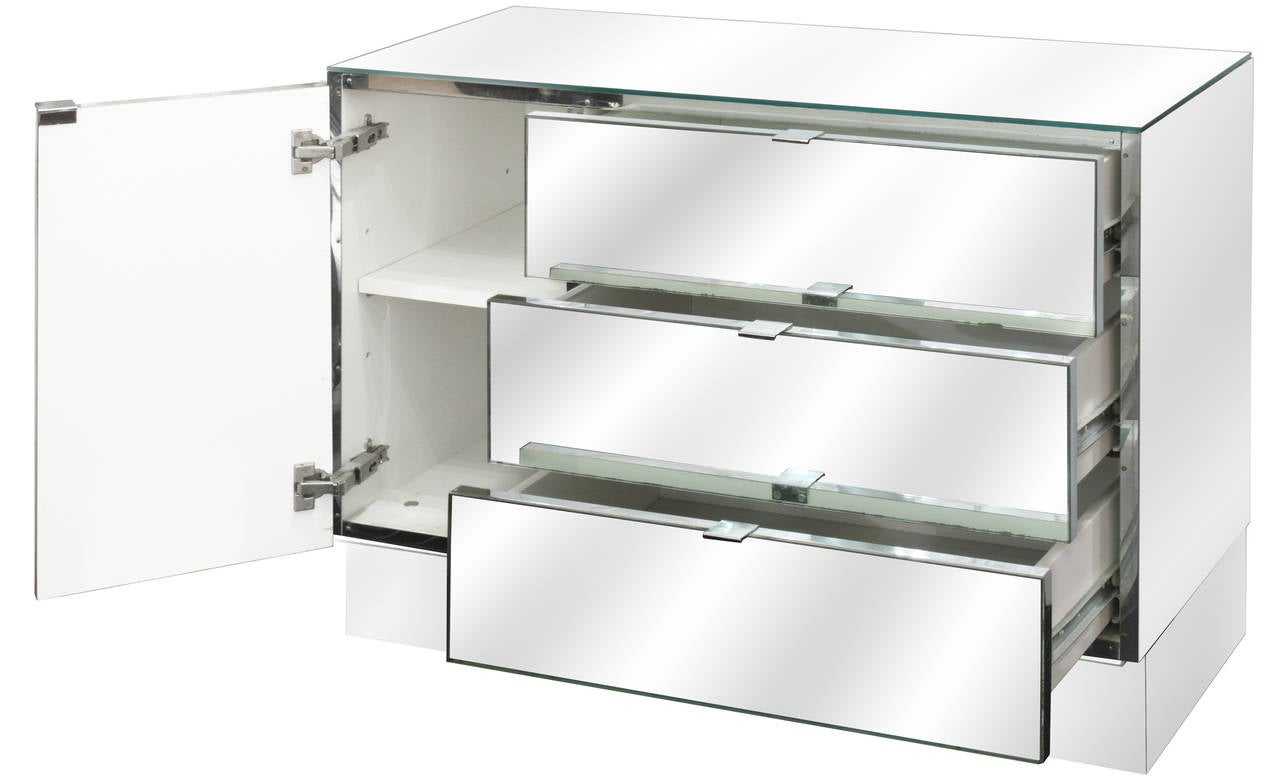 American Pair of Mirrored Bedside Tables with Drawers and Door by Ello