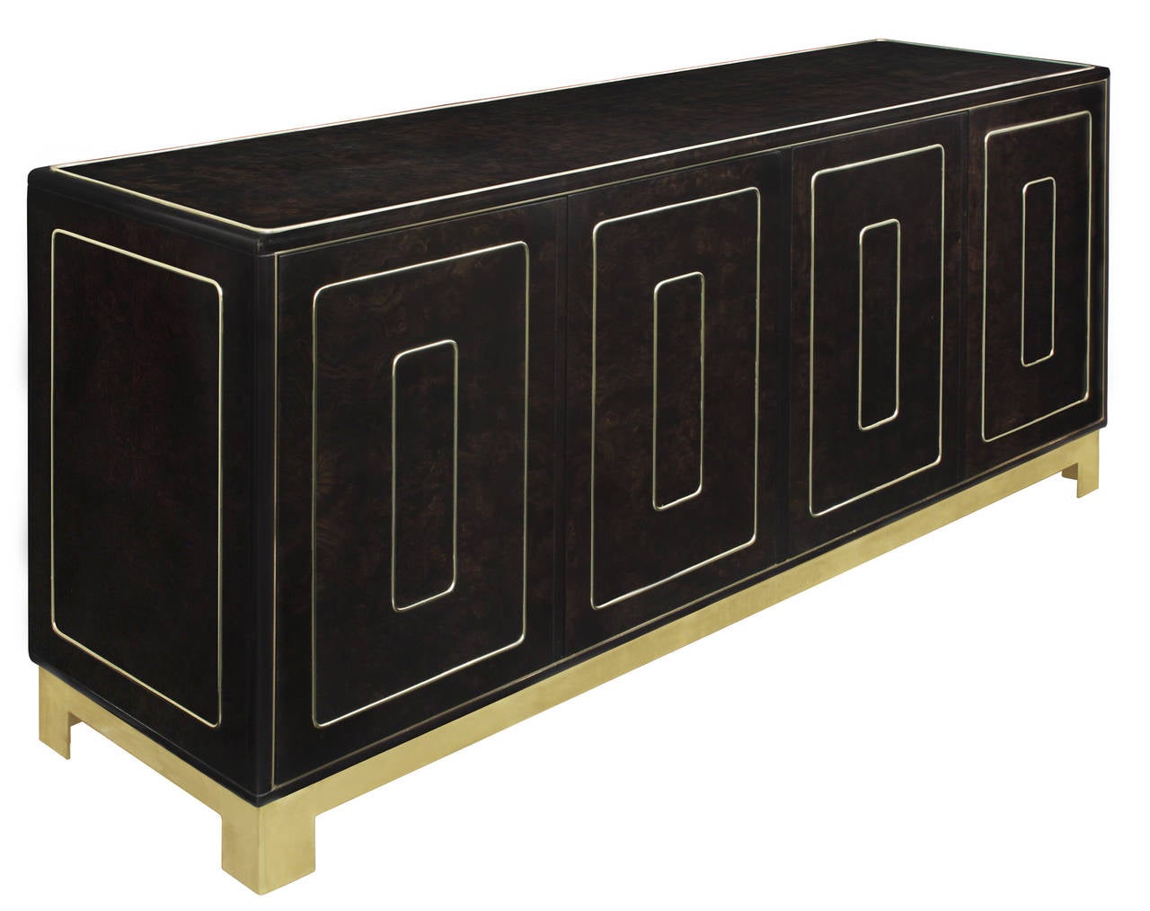 Chic four-door credenza in dark Circassian walnut with graphic brass inlays on doors and brass base by Romweber, American, 1970s (signed “Romweber Furniture” on inside drawer).
This credenza is beautifully made.