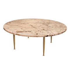 Round Coffee Table with Exotic Marble Top and Brass Legs