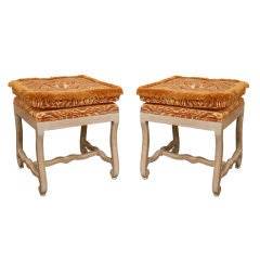 Pair of Hand-Carved Benches with Upholstered Seats