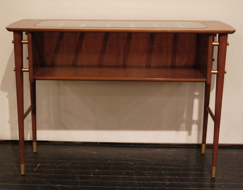 Console Table in Walnut with Inset Glass Top and Brass Sabots