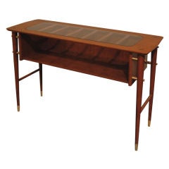 Console Table in Walnut with Inset Glass Top and Brass Sabots