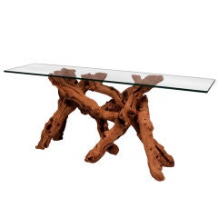 Sculptural Console Table in Driftwood with Glass Top