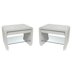 Pair of Bedside Tables Covered in White Lacquered Grass Cloth
