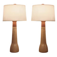 Pair of Table Lamps in Ceramic and Teak by Gordon and Jane Martz