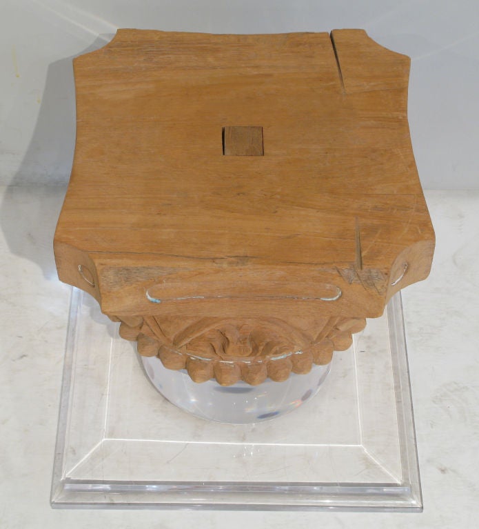 Hand-Crafted Occasional Table in Carved Oak and Lucite by Lorin Marsh For Sale