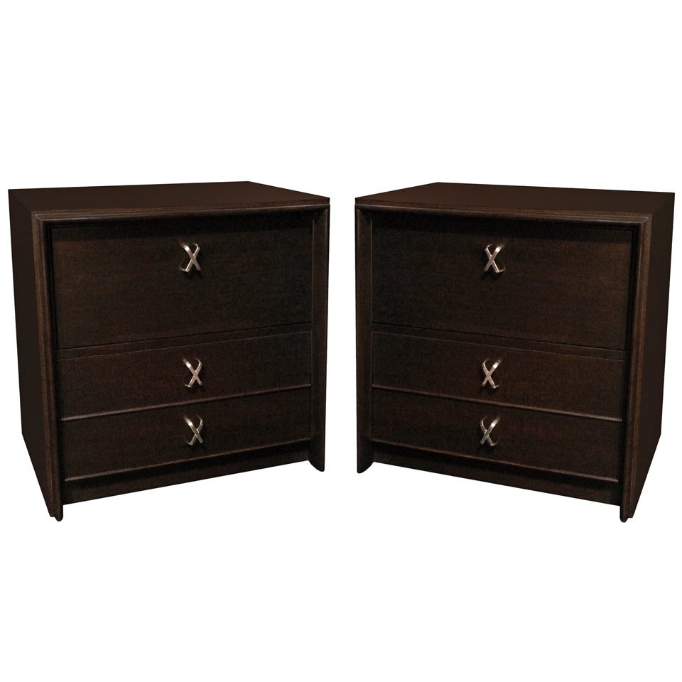 Pair of Elegant Bedside Tables with Nickel X Pulls by Paul Frankl
