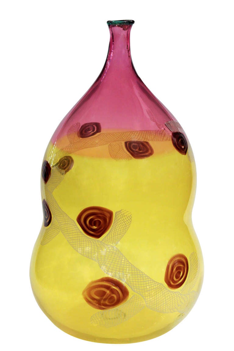 Hand-blown glass vase from the “Murrine Incatenate” series with murrhines and zanfirico designed by Anzolo Fuga for A.V.E.M., Murano Italy, c.1960 This piece is published in the book 