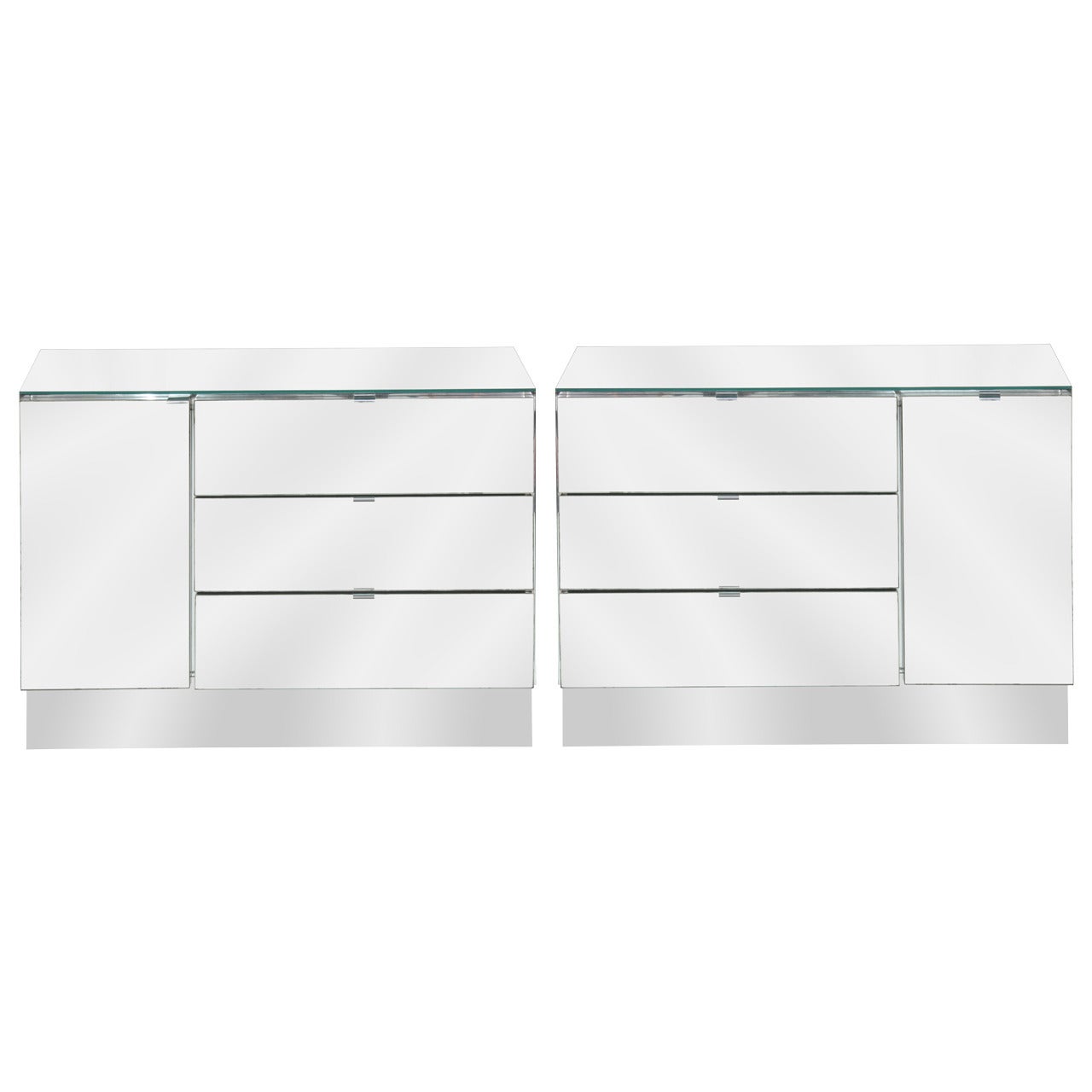 Pair of Mirrored Bedside Tables with Drawers and Door by Ello