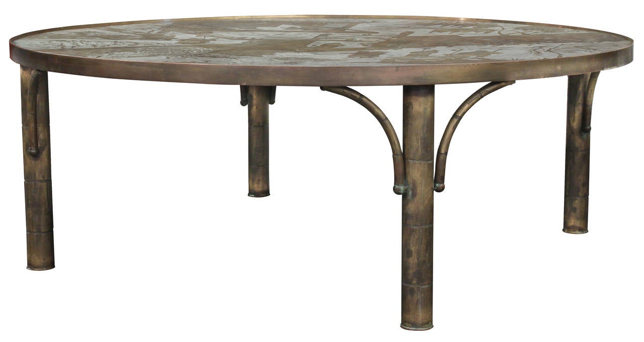 Chan 142 coffee table in acid-etched patinated and polychromed bronze and pewter by Philip and Kelvin LaVerne, American, 1960s
(signed “Philip and Kelvin LaVerne”).