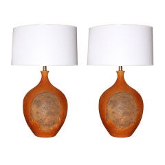 Pair of Hand-Throw Ceramic Table Lamps with Volcanic Glaze