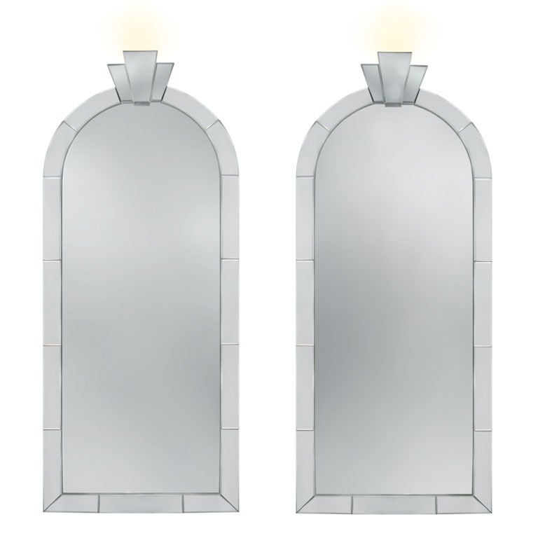 Pair of Large "Dome Top Mirrors" with Uplights by Karl Springer