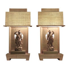 Retro Pair of Asian Style Table Lamps with Figurines by James Mont