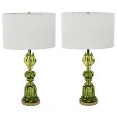 Pair of Exceptional Handblown Green Glass Table Lamps by Seguso