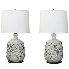 Pair of Ceramic Table Lamps with Geometric Decoration