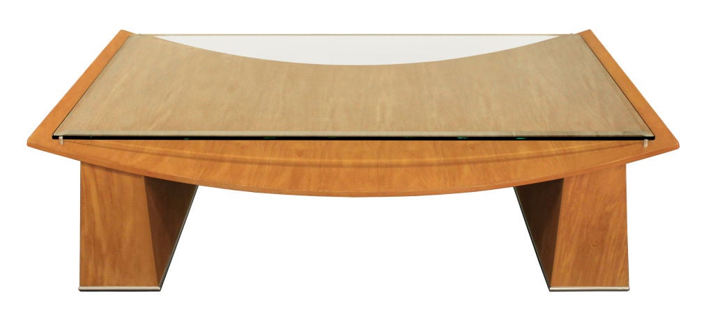 Coffee table in oak with glass top and steel trim on base by Jay Spectre for Century Furniture, American 1970's