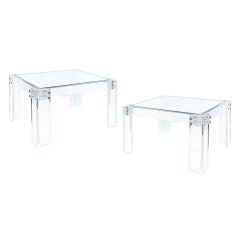 Pair of End Tables with Thick Lucite Lug Design and Glass Top