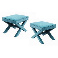 Luxurious Pair of Upholstered X Benches, American 1970's