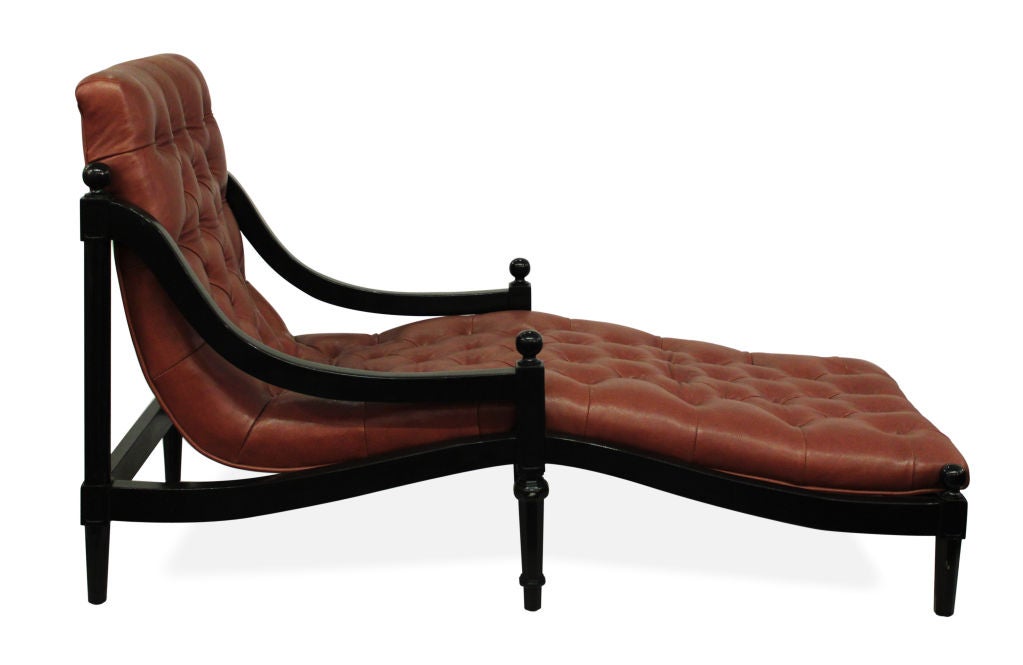 Tufted leather chaise with frame in dark mahogany, American 1960's