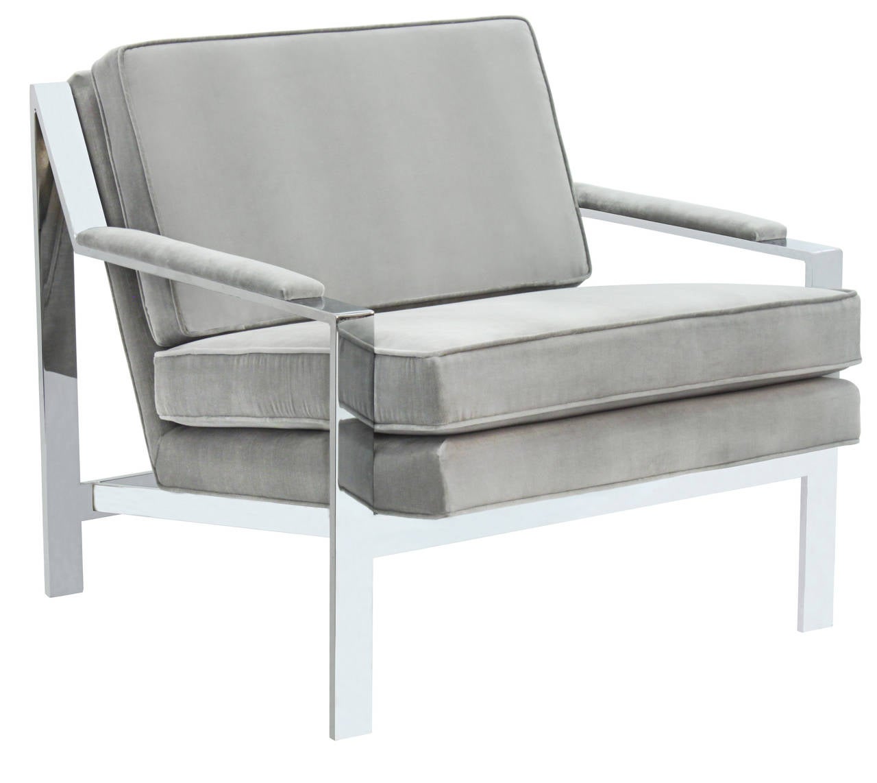 Pair of lounge chairs newly upholstered in gray velvet with sculptural frames in polished chrome by Cy Mann, American, 1970s.