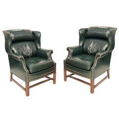 Pair of Large Wing Back Club Chairs in Leather